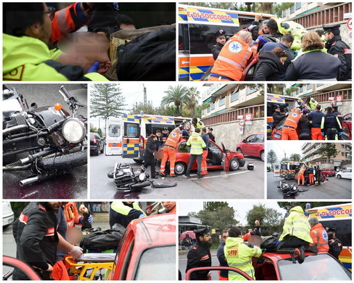 Sanremo: moto si scontra con un'auto in corso Marconi, centauro vola sul tetto della vettura. Portato in Ospedale (Foto e Video)