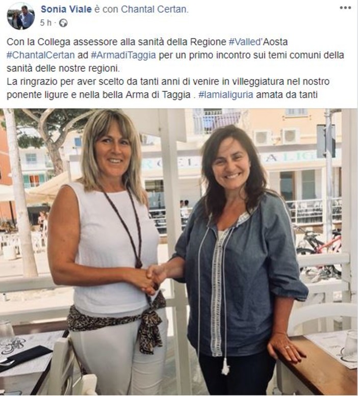 Taggia: l'assessore alla sanità Sonia Viale incontra la collega valdostana Chantal Certan in vacanza nella riviera di ponente