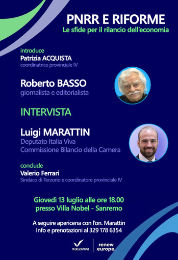 Sanremo: 'PNRR e riforme - le sfide per il rilancio dell'economia', un incontro con l'onorevole Luigi Marattin Sanremo: 'PNRR e riforme - le sfide per il rilancio dell'economia', un incontro con l'onorevole Luigi Marattin