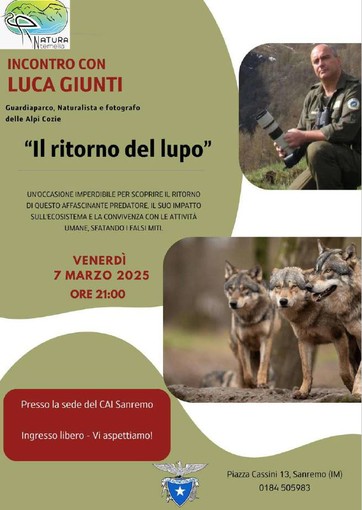 Sanremo: una serata al CAI con 'il ritorno del lupo nelle Alpi e le sue conseguenze in ambito biologico, culturale ed economico'