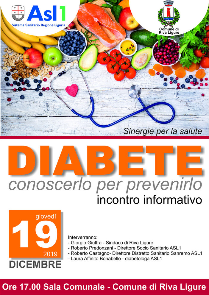 Riva Ligure: informazione e prevenzione, giovedì incontro su “Diabete: conoscerlo per prevenirlo” Riva Ligure: informazione e prevenzione, giovedì incontro su “Diabete: conoscerlo per prevenirlo”