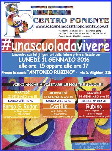 Sanremo: #unascuoladavivere, incontro con i genitori delle future classi prime all'Istituto Comprensivo Centro Ponente