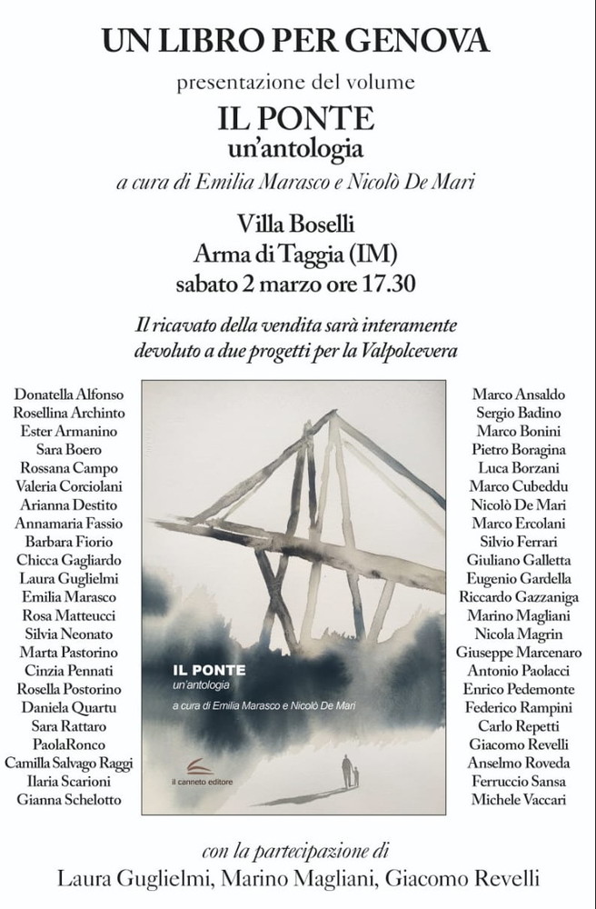 Oggi pomeriggio ad Arma di Taggia la presentazione libro 'Il Ponte': le parole degli scrittori per andare oltre quel 14 agosto Oggi pomeriggio ad Arma di Taggia la presentazione libro 'Il Ponte': le parole degli scrittori per andare oltre quel 14 agosto