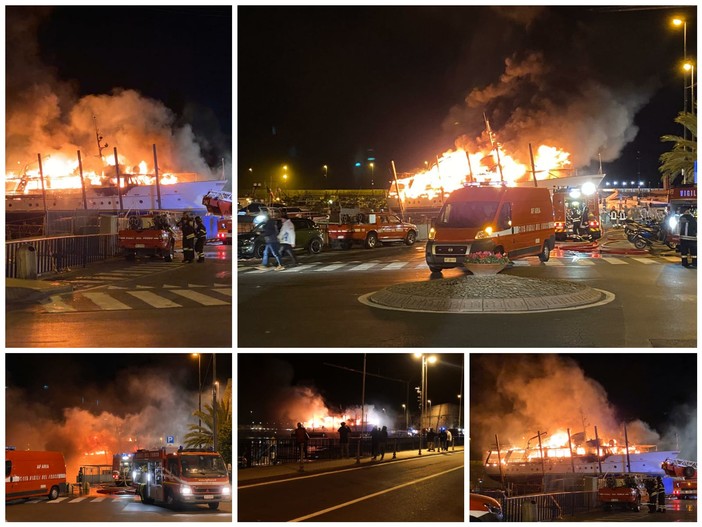 Sanremo: ripartito l’incendio, completamente avvolto dalle fiamme lo yacht al cantiere di porto vecchio (Foto e Video)