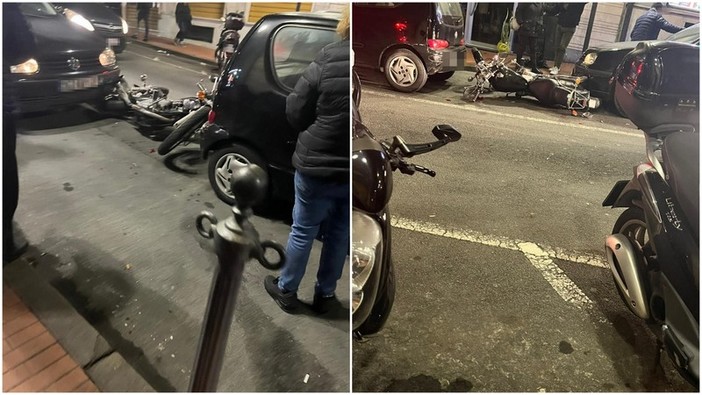 Ventimiglia, incidente in via della Stazione: moto schiacciata tra due macchine (Foto)