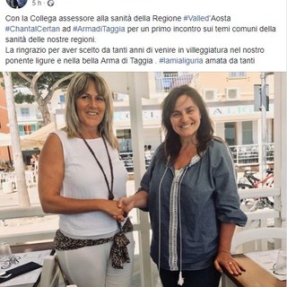 Taggia: l'assessore alla sanità Sonia Viale incontra la collega valdostana Chantal Certan in vacanza nella riviera di ponente