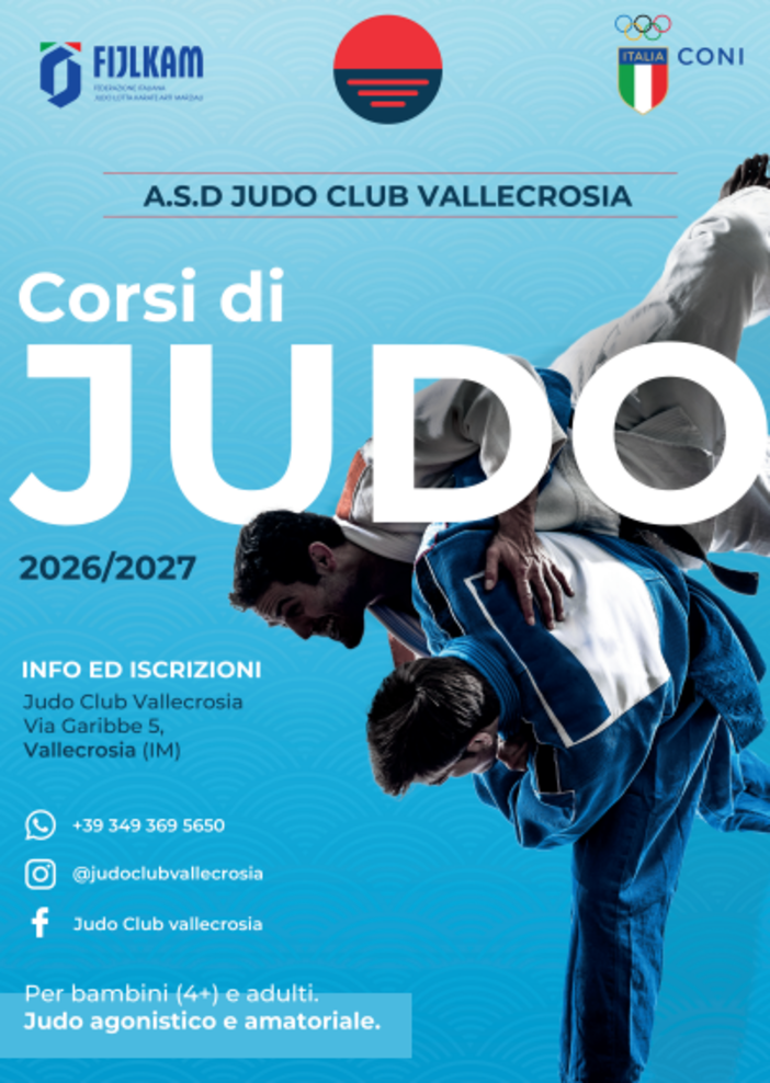 Arti Marziali: lo Judo Club Vallecrosia riapre le iscrizioni, al via i corsi da lunedì 14 settembre con i tecnici FIJLKAM