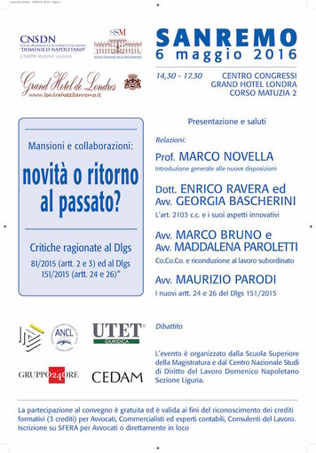 Sanremo: il 6 maggio un convegno sugli aspetti applicativi introdotti con il 'Jobs Act'