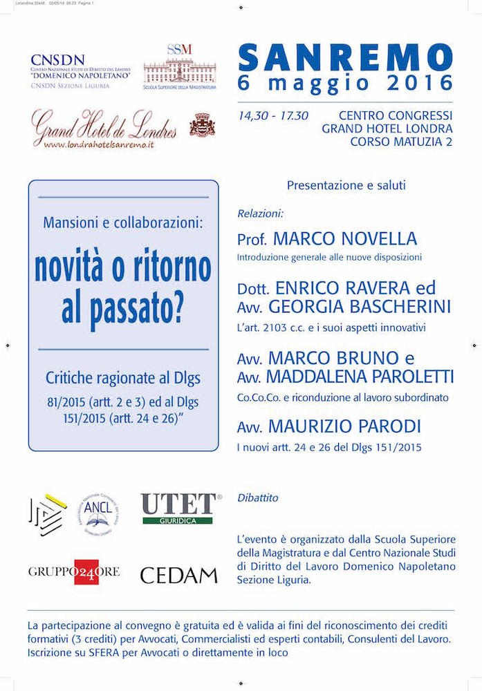 Sanremo: il 6 maggio un convegno sugli aspetti applicativi introdotti con il 'Jobs Act'