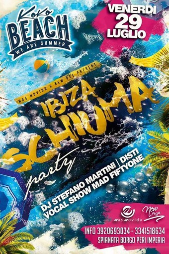 Continuano le serate di musica e divertimento al Koko Beach di Imperia: questo venerdì speciale "Ibiza Schiuma Party"