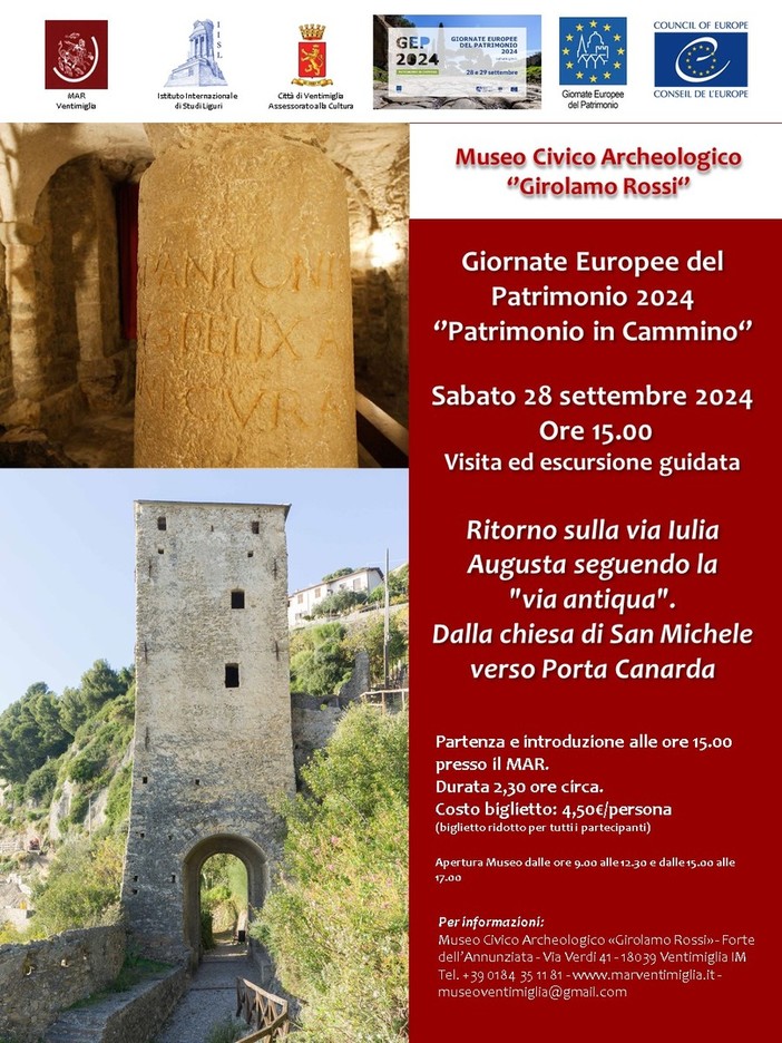 Anche quest'anno il MAR "Girolamo Rossi" di Ventimiglia aderisce alle Giornate Europee del Patrimonio: ecco le iniziative Anche quest'anno il MAR "Girolamo Rossi" di Ventimiglia aderisce alle Giornate Europee del Patrimonio: ecco le iniziative
