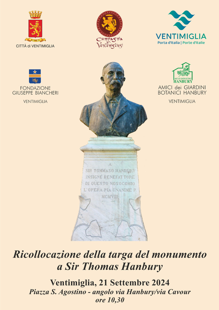 Ventimiglia, domani cerimonia per la ricollocazione della nuova targa al monumento di Sir Thomas Hanbury, Ventimiglia, domani cerimonia per la ricollocazione della nuova targa al monumento di Sir Thomas Hanbury,