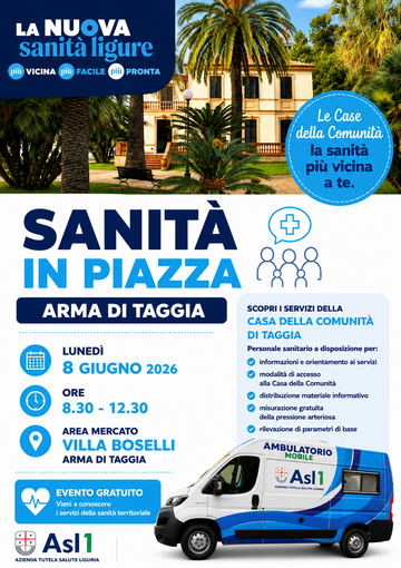 “Sanità in Piazza” ad Arma di Taggia, in programma lunedì 8 giugno.