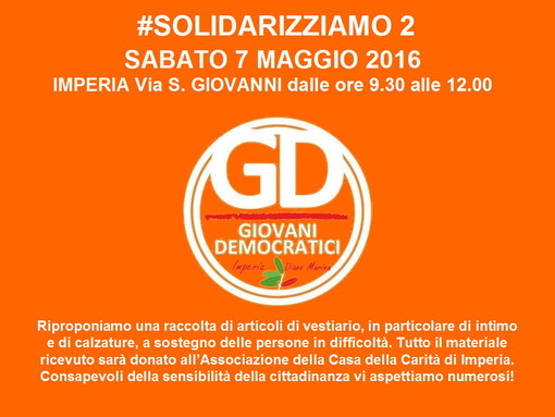 #Solidarizziamo2: domani mattina un punto di raccolta dei Giovani Democratici al mercato di Imperia