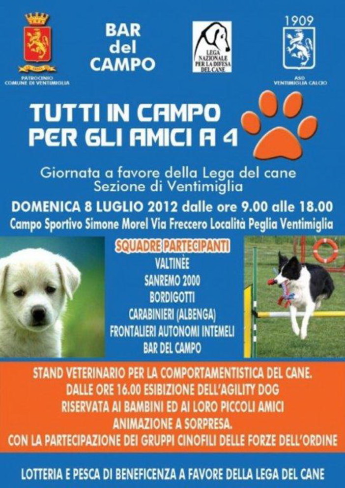 Ventimiglia: lo stand della Lega per la Difesa del Cane al Torneo di calcio di domani in zona Peglia Ventimiglia: lo stand della Lega per la Difesa del Cane al Torneo di calcio di domani in zona Peglia