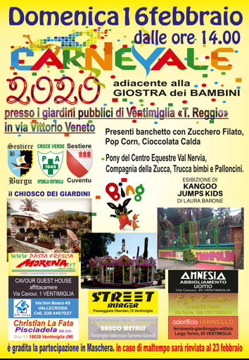 Ventimiglia: domenica tornerà l'appuntamento con il Carnevale ai giardini Tommaso Reggio Ventimiglia: domenica tornerà l'appuntamento con il Carnevale ai giardini Tommaso Reggio