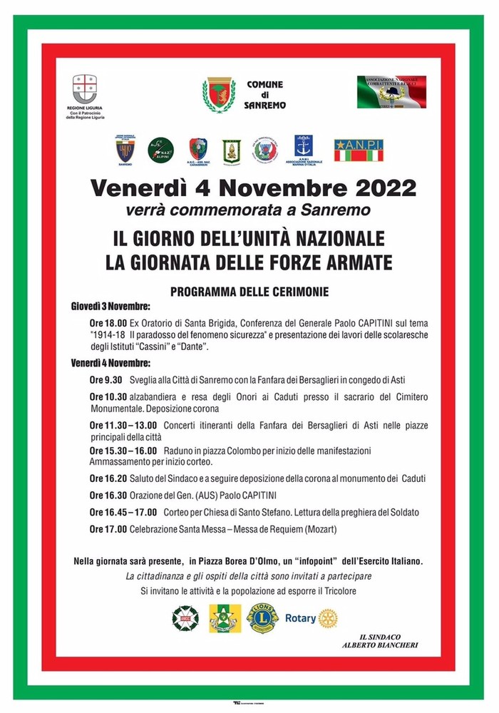 Giornata dell'Unità nazionale e delle Forze Armate, stasera a Sanremo conferenza del Generale Capitini