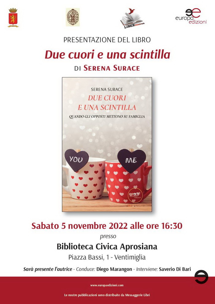 Ventimiglia: all'Aprosiana presentazione libro  Serena Surace ‘Due Cuori e una Scintilla - Quando gli opposti mettono su famiglia’