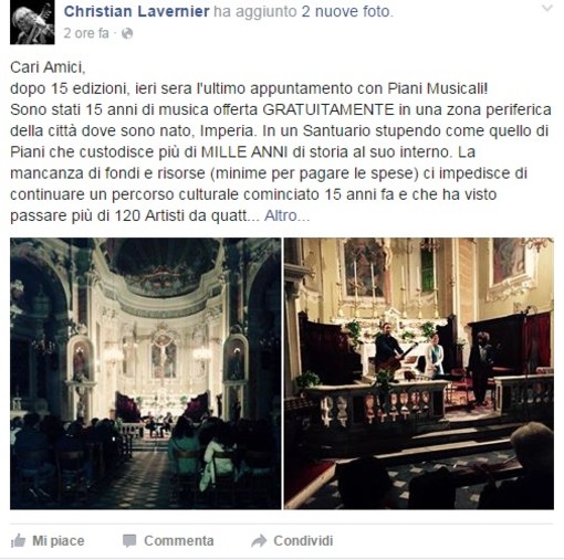 Imperia dice addio ai "Piani Musicali". L'amarezza di Christian Lavernier. "Mancano i fondi. La cultura costa" Imperia dice addio ai "Piani Musicali". L'amarezza di Christian Lavernier. "Mancano i fondi. La cultura costa"