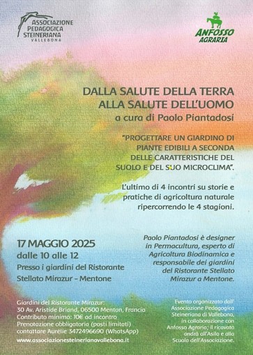 "Dalla salute della terra alla salute dell'uomo", sabato 17 maggio incontro a Mentone