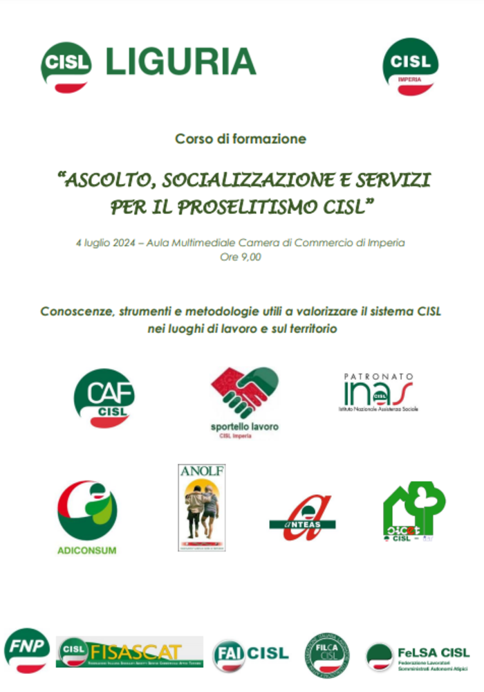Imperia, "Ascolto, socializzazione e servizi per il proselitismo Cisl": domani il corso di formazione