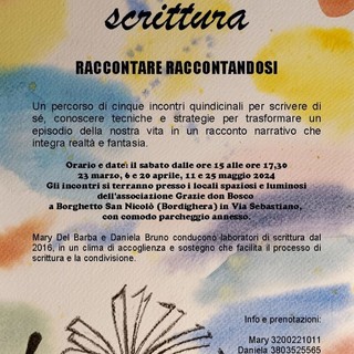 Bordighera, al via il laboratorio di scrittura 'Raccontare Raccontandosi' Bordighera, al via il laboratorio di scrittura 'Raccontare Raccontandosi'