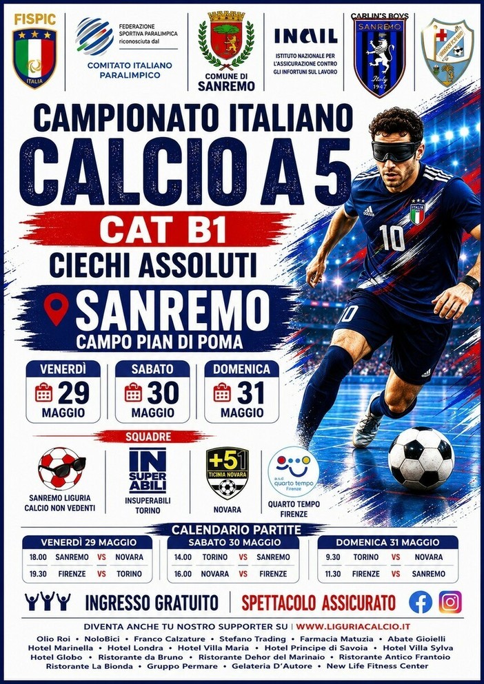 Sanremo, lo spettacolo Calcio a 5 per non vedenti: dal 29 al 31 maggio le gare del Girone Nord a Pian di Poma