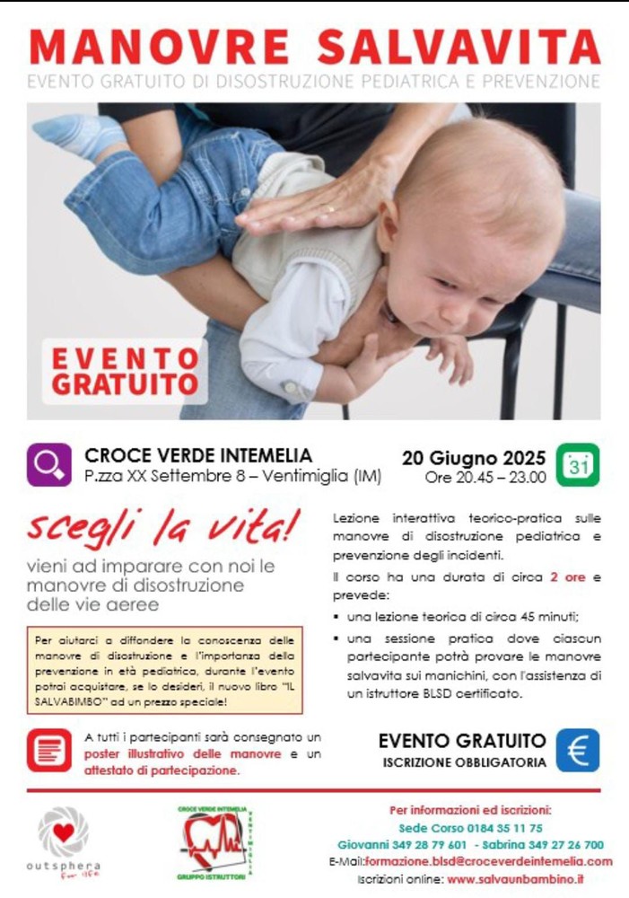 Ventimiglia, il 20 giugno corso gratuito dedicato alla manovre salvavita in età pediatrica Ventimiglia, il 20 giugno corso gratuito dedicato alla manovre salvavita in età pediatrica