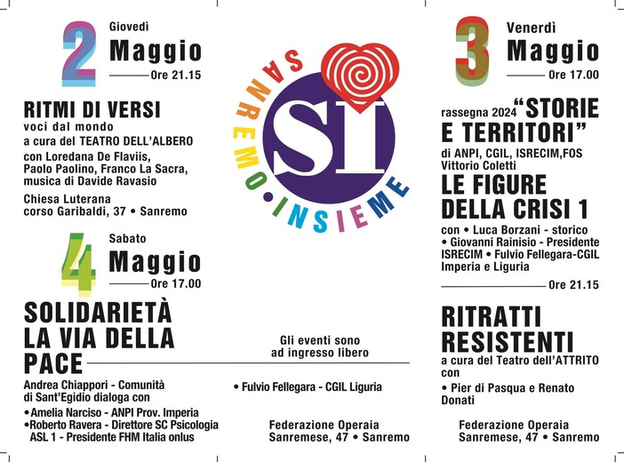 Pace, storie e territori nella tre giorni organizzata da 'Sanremo Insieme': ecco il programma