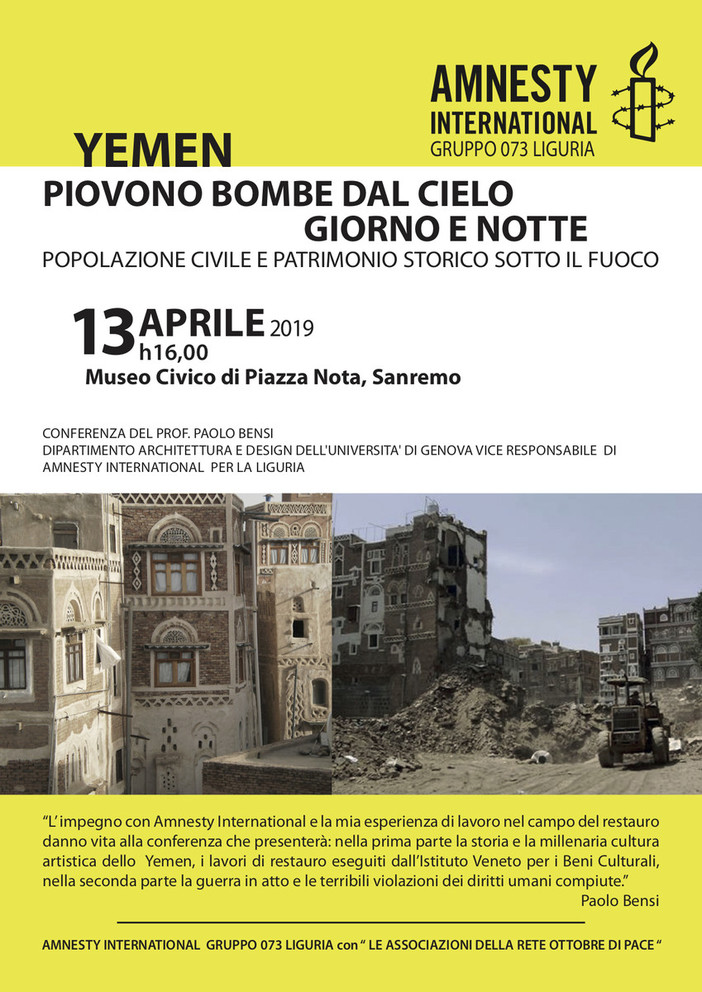 Sanremo: sabato a Palazzo Nota una conferenza sullo Yemen organizzata da Amnesty Sanremo: sabato a Palazzo Nota una conferenza sullo Yemen organizzata da Amnesty