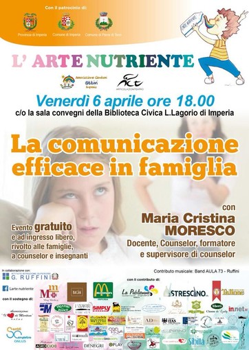 Imperia: L'Arte Nutriente presenta l'incontro di venerdì alla biblioteca Lagorio "La comunicazione efficace in famiglia" Imperia: L'Arte Nutriente presenta l'incontro di venerdì alla biblioteca Lagorio "La comunicazione efficace in famiglia"