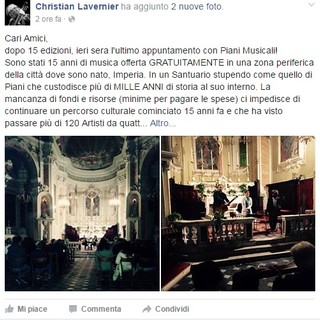Imperia dice addio ai "Piani Musicali". L'amarezza di Christian Lavernier. "Mancano i fondi. La cultura costa"