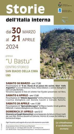 San Biagio della Cima, da domani sino al 21 aprile incontri su 'Storie dell’Italia interna'