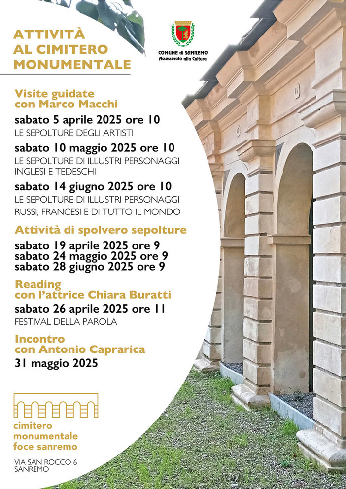 Sanremo, al via il 5 aprile le attività culturali al cimitero della Foce Sanremo, al via il 5 aprile le attività culturali al cimitero della Foce