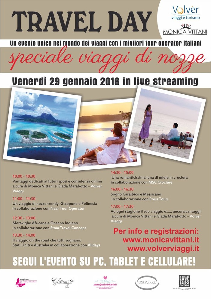 Viaggi: il 29 gennaio in diretta streaming lo speciale Travel Day, dedicato ai Viaggi di Nozze Viaggi: il 29 gennaio in diretta streaming lo speciale Travel Day, dedicato ai Viaggi di Nozze