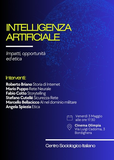Bordighera: ‘Intelligenza Artificiale. Impatti, opportunità ed etica', incontro al cinema Olimpia Bordighera: ‘Intelligenza Artificiale. Impatti, opportunità ed etica', incontro al cinema Olimpia