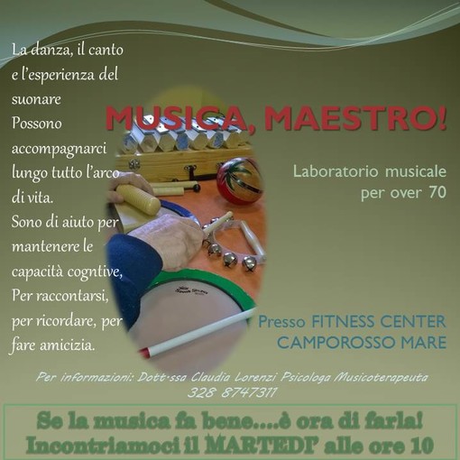 Camporosso: dal 29 marzo, al via laboratori musicali per anziani alla palestra Fitness Center Camporosso: dal 29 marzo, al via laboratori musicali per anziani alla palestra Fitness Center