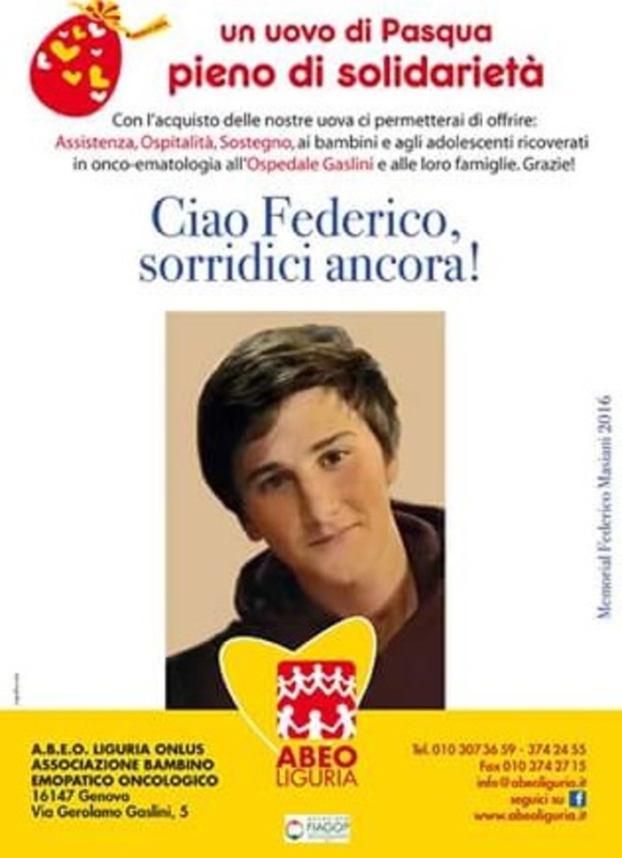 Imperia: in ricordo di Federico Masiani, una giornata di solidarietà con la vendita di uova di Pasqua per l'associazione Abeo di Genova Imperia: in ricordo di Federico Masiani, una giornata di solidarietà con la vendita di uova di Pasqua per l'associazione Abeo di Genova