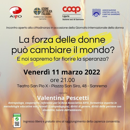 Sanremo, venerdì l'incontro “La forza delle donne può cambiare il mondo?” Sanremo, venerdì l'incontro “La forza delle donne può cambiare il mondo?”
