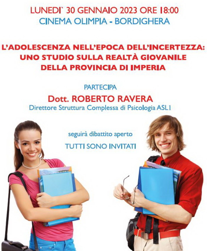 Bordighera: per i ‘Lunedì del Movimento Civico’ al cinema Olimpia si parla dell’ ‘Adolescenza nell’epoca dell’incertezza’