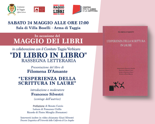 'Di libro in libro' nel 'Maggio dei libri' di Taggia: a Villa Boselli la presentazione del libro di Filomena D’amante 'Di libro in libro' nel 'Maggio dei libri' di Taggia: a Villa Boselli la presentazione del libro di Filomena D’amante