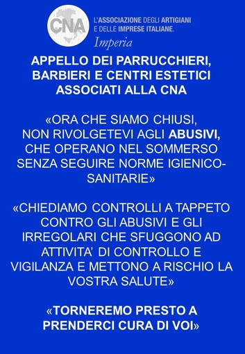 CNA Benessere e Sanità in provincia di Imperia sottoscrive l'appello al Ministro dell’Interno, “Più controlli contro l’abusivismo” CNA Benessere e Sanità in provincia di Imperia sottoscrive l'appello al Ministro dell’Interno, “Più controlli contro l’abusivismo”