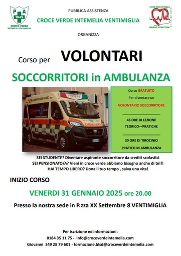 La Croce Verde Intemelia di Ventimiglia organizza il corso per "volontari soccorritori in ambulanza"