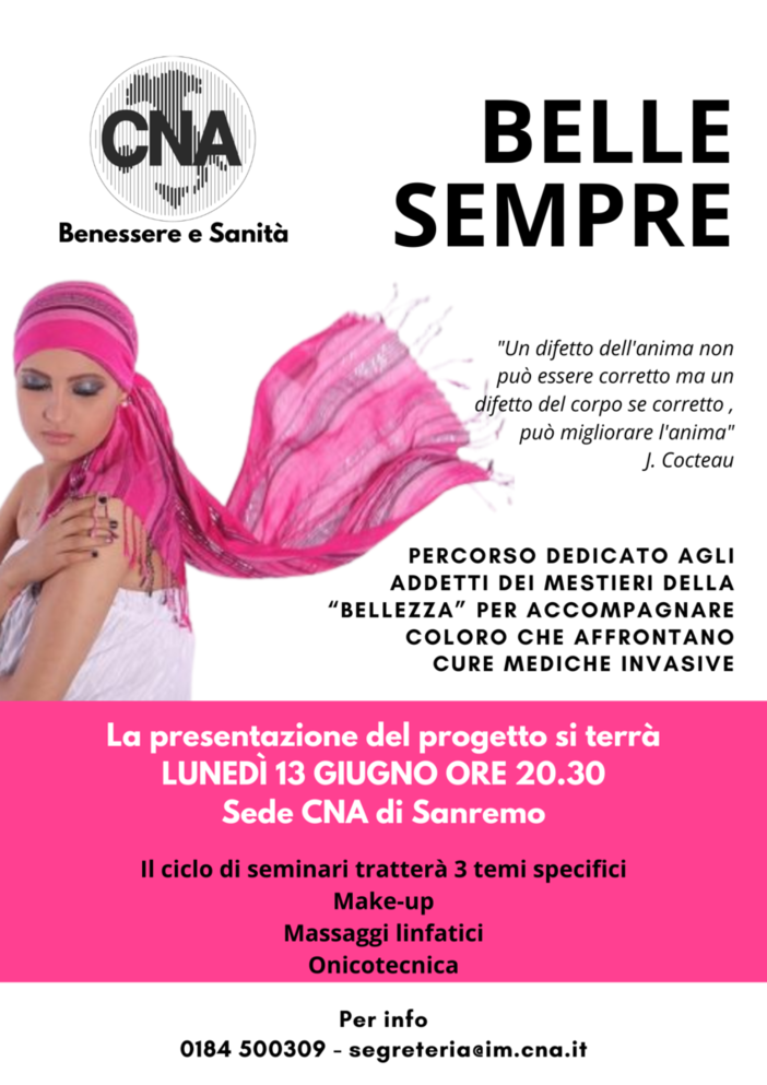 Sanremo: CNA lancia il progetto 'Belle Sempre', "Professionalità e sensibilità, per aiutare le persone nella malattia"