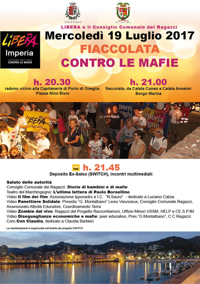 Imperia: il 19 luglio fiaccolata in memoria delle vittime innocenti di mafia, il programma Imperia: il 19 luglio fiaccolata in memoria delle vittime innocenti di mafia, il programma