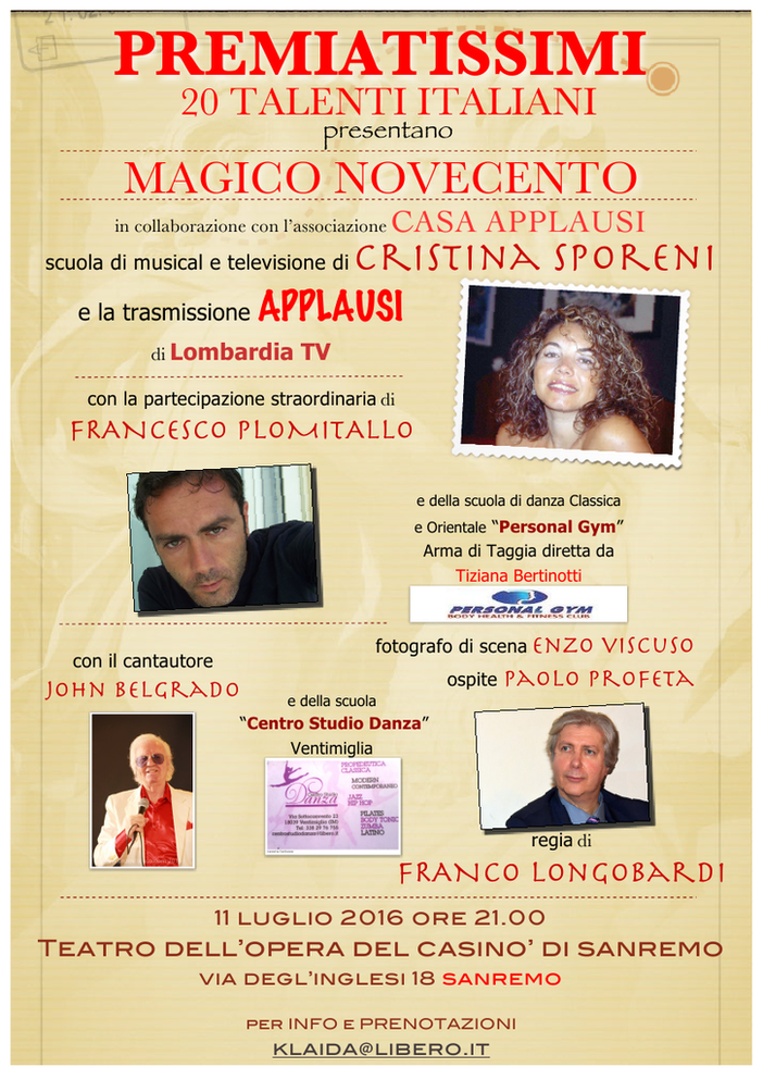 Sanremo: l'11 luglio al Casinò arriverà lo spettacolo musicale “Premiatissimi”