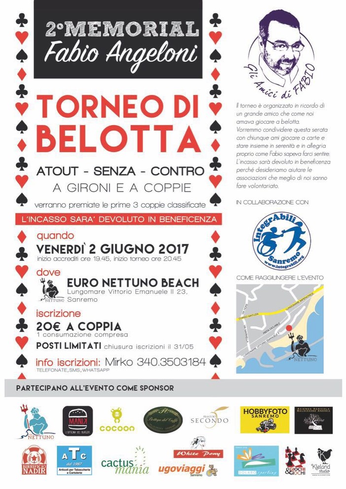 Sanremo: ultimi posti per il “Memorial Fabio Angeloni”, il torneo di belotta dedicato all'assicuratore sanremese