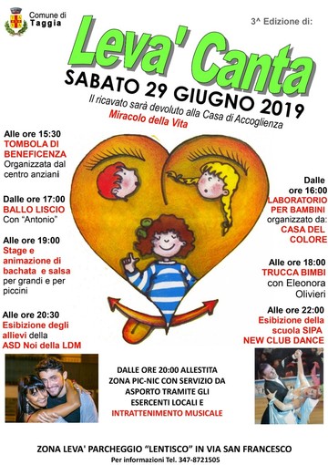 Taggia: sabato la terza edizione di Levà Canta, quest'anno beneficenza per la Casa di Accoglienza 'Miracolo della vita'