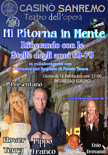 Sanremo: l'11 febbraio al Casinò un evento per rivivere la magia del Festival degli anni 60/70 Sanremo: l'11 febbraio al Casinò un evento per rivivere la magia del Festival degli anni 60/70