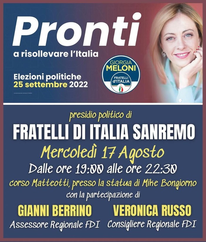 Sanremo, domani presidio politico di FdI per presentare il programma. Consiglio: "Pronti a risollevare l'Italia" Sanremo, domani presidio politico di FdI per presentare il programma. Consiglio: "Pronti a risollevare l'Italia"